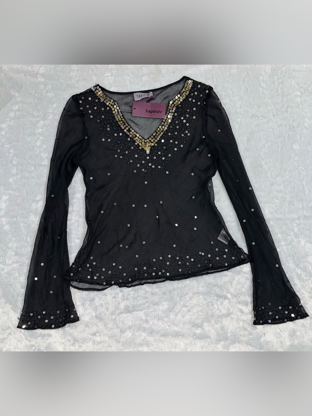 Black Long-Sleeve Mesh Top with Gold-Trim V-Neck